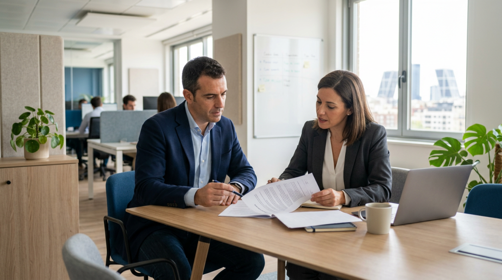 Profesional reunido con un cliente en una oficina, imagen para seguro de responsabilidad civil