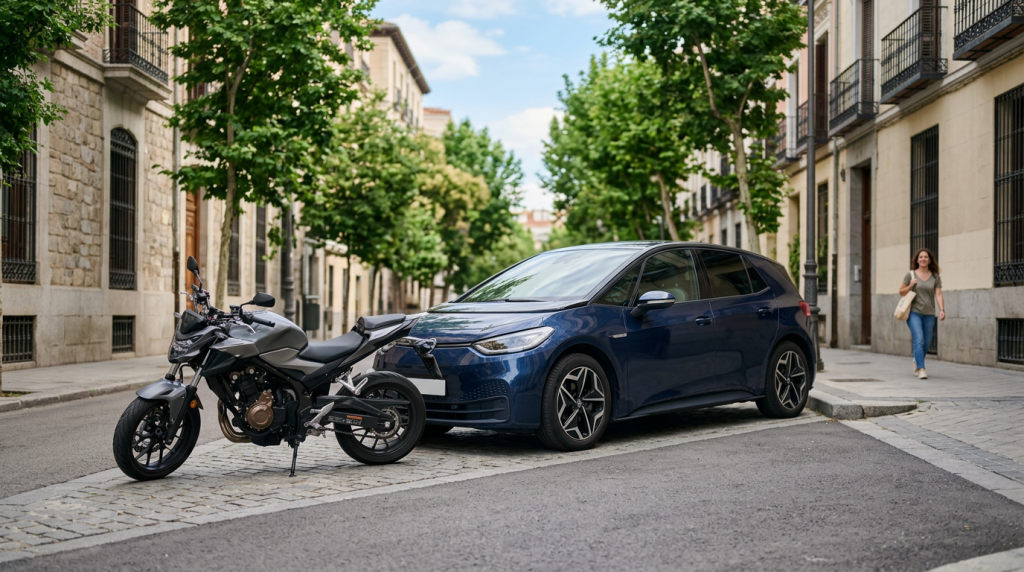 Coche y moto en una calle urbana, imagen para seguros de autos y motos