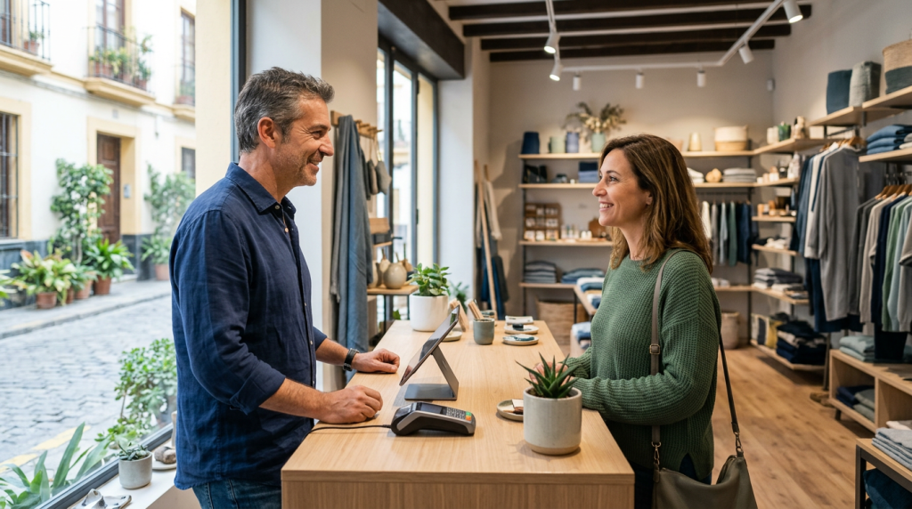 Propietario atendiendo a una clienta en un comercio, imagen para seguros de comercios