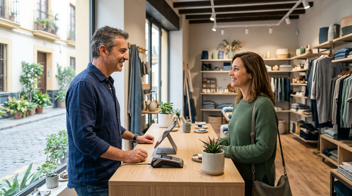 Propietario atendiendo a una clienta en un comercio, imagen para seguros de comercios