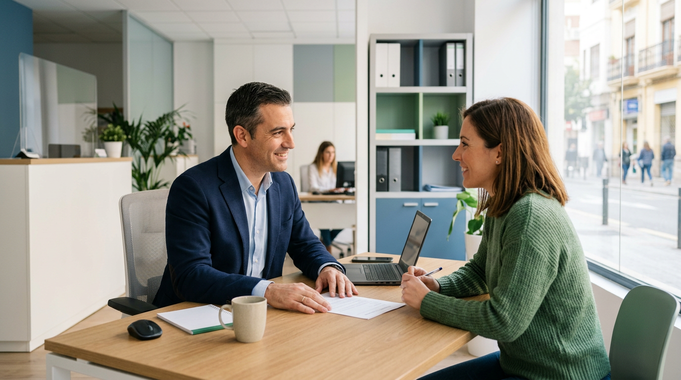 Profesional atendiendo a un cliente en un comercio, imagen para seguros de empresas y autónomos