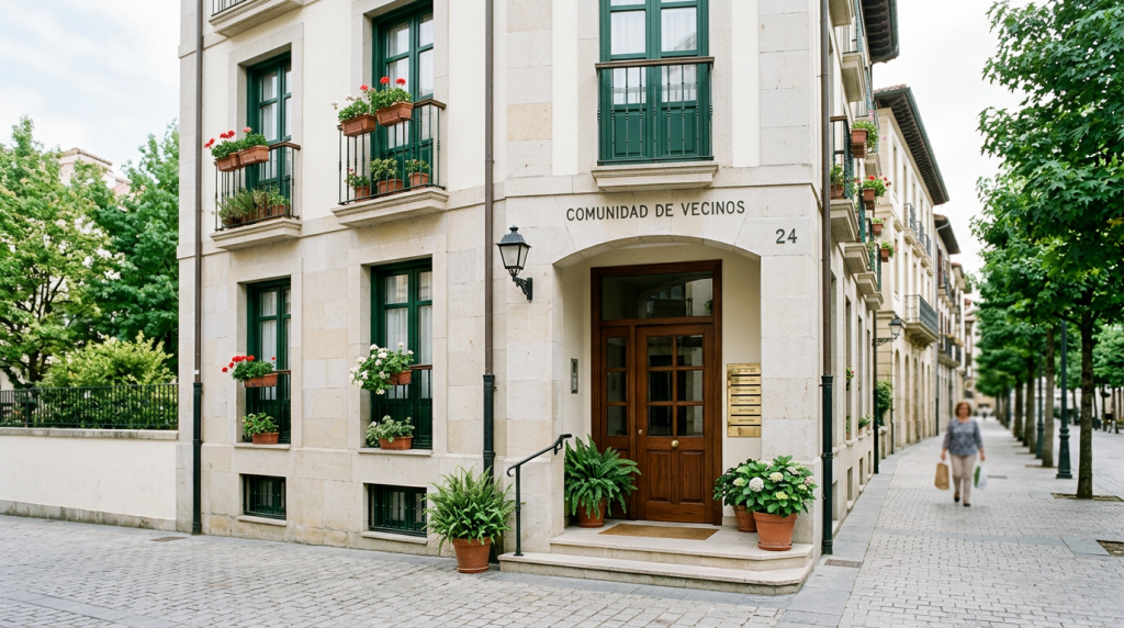 Edificio residencial y entrada de comunidad, imagen para seguros de hogar y comunidades