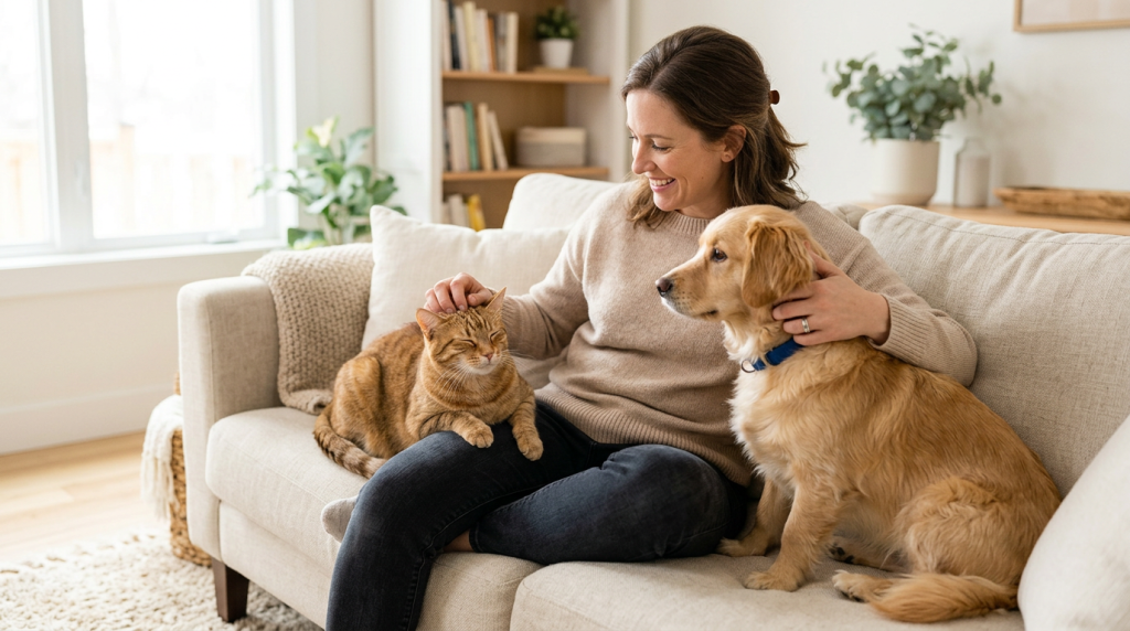 Persona acariciando a un perro y un gato en casa, imagen para seguros de mascotas