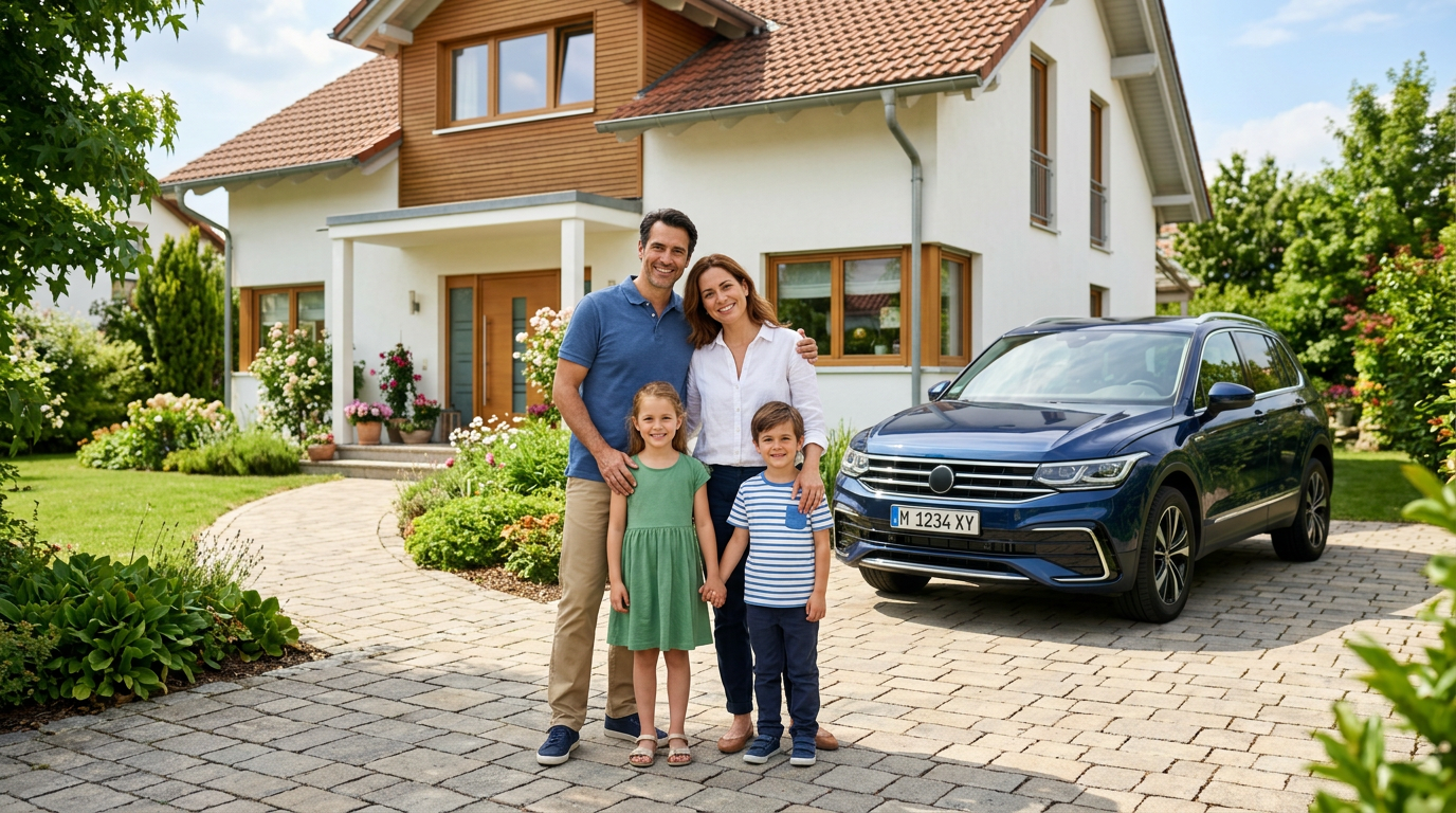 Familia junto a una vivienda y un coche, imagen para seguros particulares