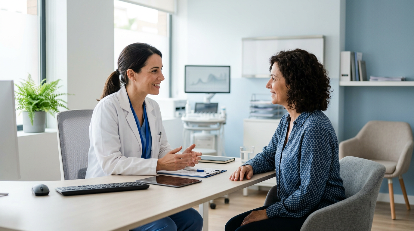Profesional sanitario conversando con una persona, imagen para seguros de salud