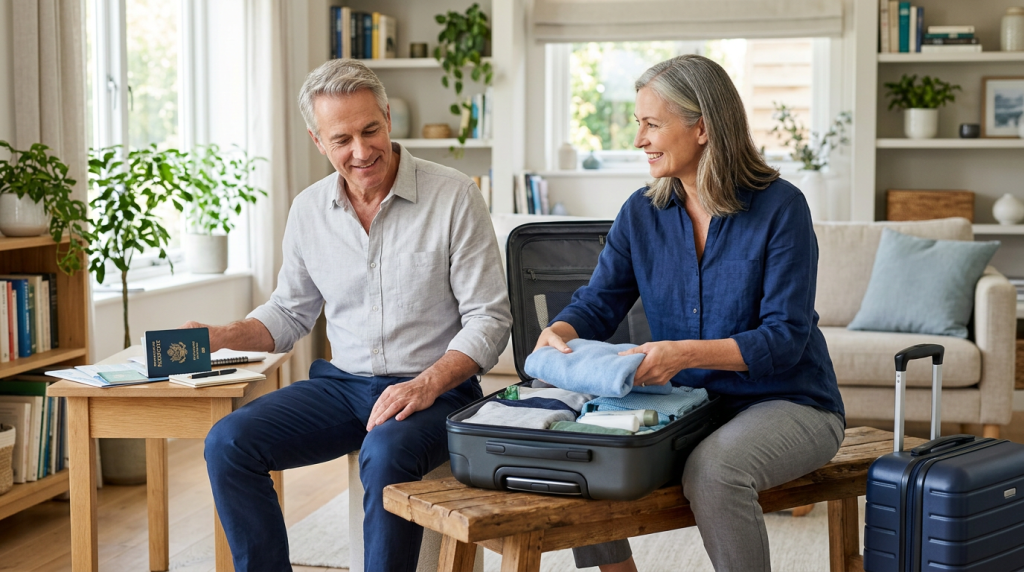 Pareja preparando una maleta antes de viajar, imagen para seguros de viajes
