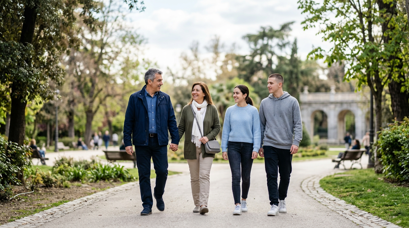 Familia caminando en un parque, imagen para seguros de vida y accidentes